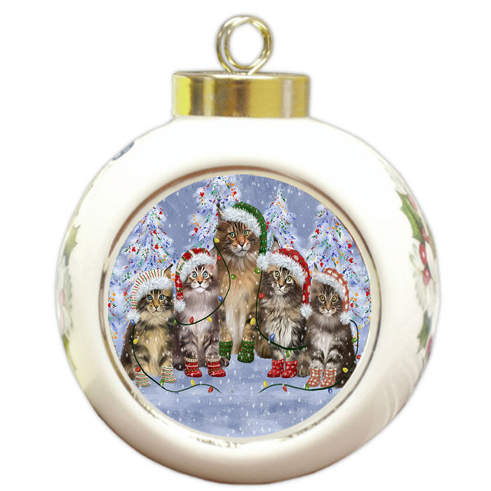 Christmas Lights and Maine Coon Cats Round Ball Christmas Ornament Pet Decorative Hanging Ornaments for Christmas X-mas Tree Decorations - 3" Round Ceramic Ornament