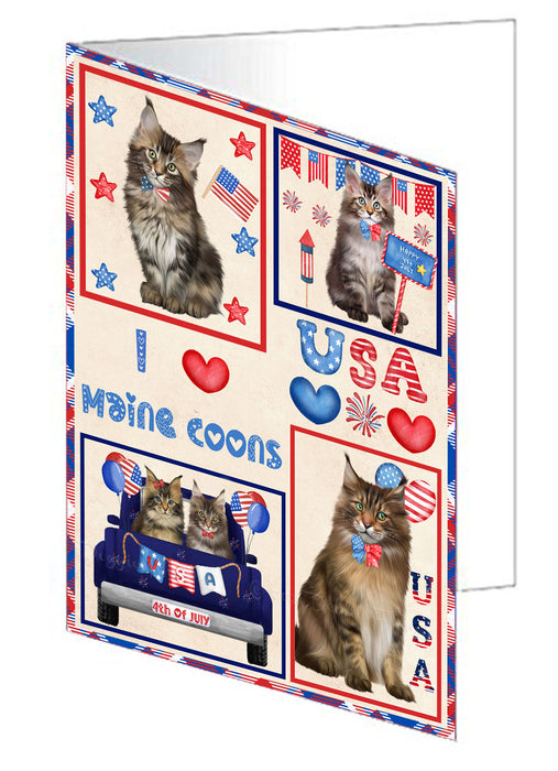 4th of July Independence Day I Love USA Maine Coon Cats Handmade Artwork Assorted Pets Greeting Cards and Note Cards with Envelopes for All Occasions and Holiday Seasons