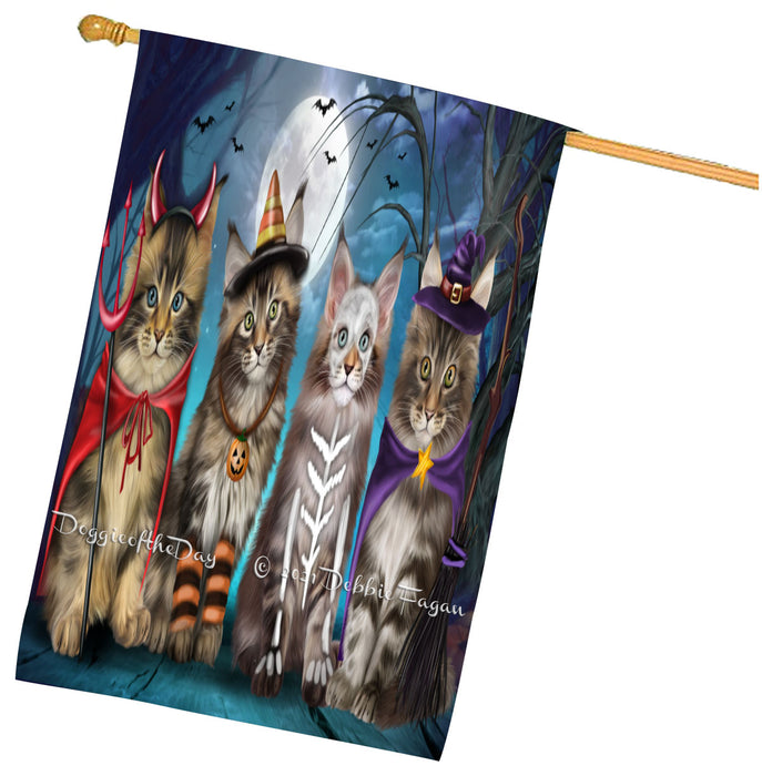 Halloween Trick or Treat Maine Coon Cats House Flag Outdoor Decorative Double Sided Pet Portrait Weather Resistant Premium Quality Animal Printed Home Decorative Flags 100% Polyester