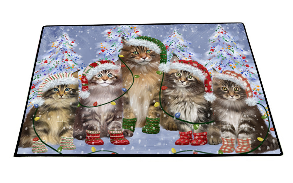 Christmas Lights and Maine Coon Cats Floor Mat- Anti-Slip Pet Door Mat Indoor Outdoor Front Rug Mats for Home Outside Entrance Pets Portrait Unique Rug Washable Premium Quality Mat