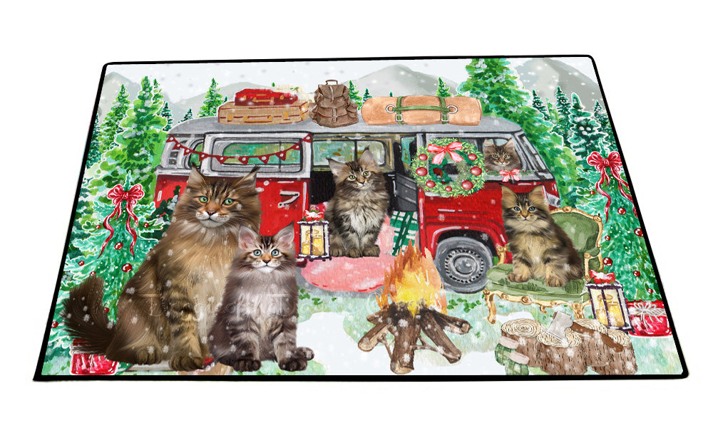 Christmas Time Camping with Maine Coon Cats Floor Mat- Anti-Slip Pet Door Mat Indoor Outdoor Front Rug Mats for Home Outside Entrance Pets Portrait Unique Rug Washable Premium Quality Mat