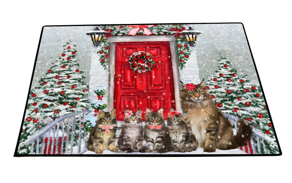 Christmas Holiday Welcome Maine Coon Cats Floor Mat- Anti-Slip Pet Door Mat Indoor Outdoor Front Rug Mats for Home Outside Entrance Pets Portrait Unique Rug Washable Premium Quality Mat