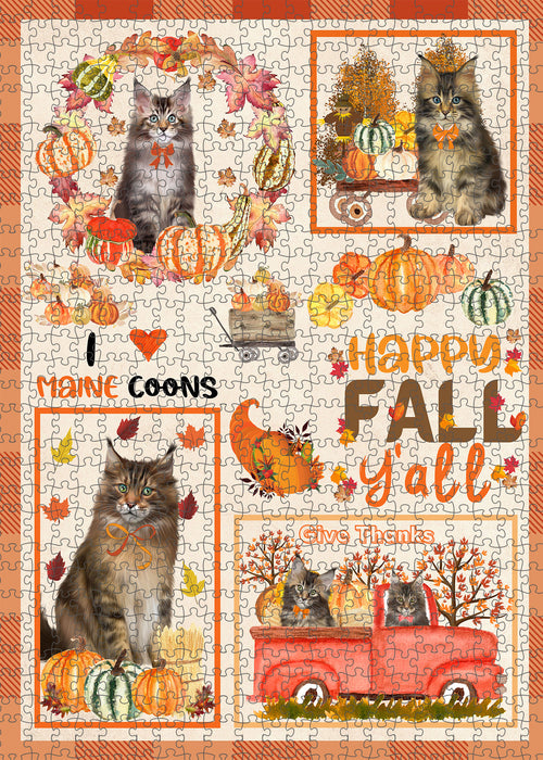 Happy Fall Y'all Pumpkin Maine Coon Cats Portrait Jigsaw Puzzle for Adults Animal Interlocking Puzzle Game Unique Gift for Dog Lover's with Metal Tin Box