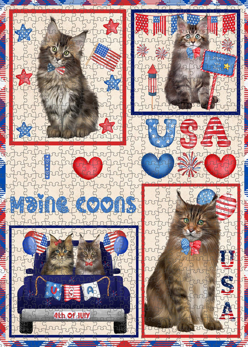 4th of July Independence Day I Love USA Maine Coon Cats Portrait Jigsaw Puzzle for Adults Animal Interlocking Puzzle Game Unique Gift for Dog Lover's with Metal Tin Box