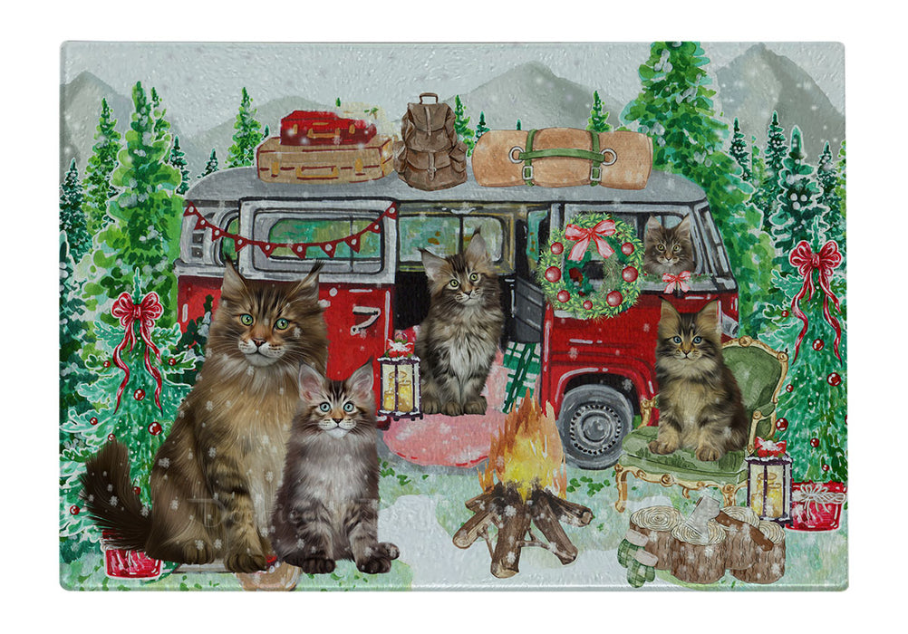 Christmas Time Camping with Maine Coon Cats Cutting Board - For Kitchen - Scratch & Stain Resistant - Designed To Stay In Place - Easy To Clean By Hand - Perfect for Chopping Meats, Vegetables