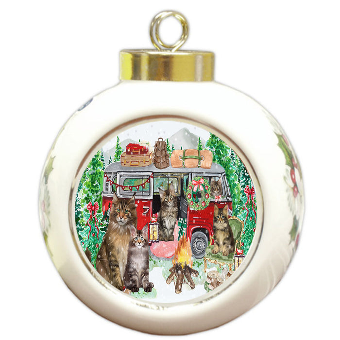 Christmas Time Camping with Maine Coon Cats Round Ball Christmas Ornament Pet Decorative Hanging Ornaments for Christmas X-mas Tree Decorations - 3" Round Ceramic Ornament
