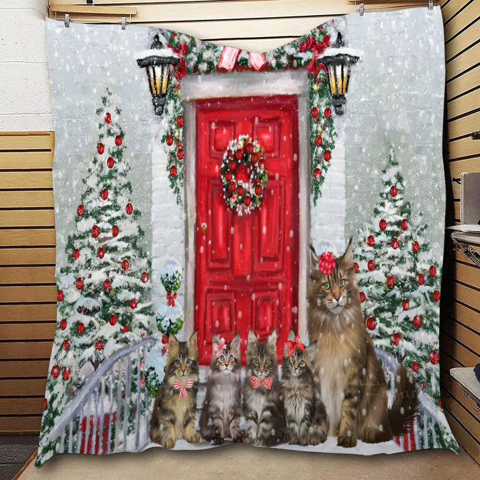 Christmas Holiday Welcome Maine Coon Cats  Quilt Bed Coverlet Bedspread - Pets Comforter Unique One-side Animal Printing - Soft Lightweight Durable Washable Polyester Quilt