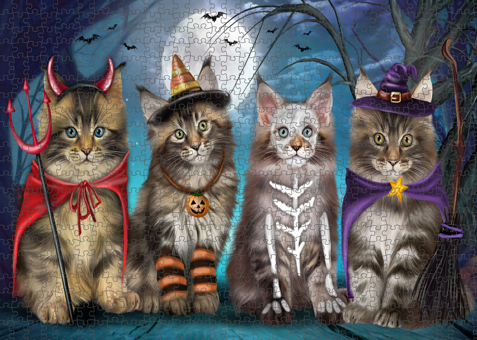 Happy Halloween Trick or Treat Maine Coon Cats Portrait Jigsaw Puzzle for Adults Animal Interlocking Puzzle Game Unique Gift for Dog Lover's with Metal Tin Box