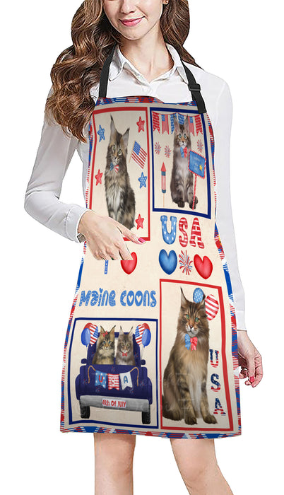 4th of July Independence Day I Love USA Maine Coon Cats Apron - Adjustable Long Neck Bib for Adults - Waterproof Polyester Fabric With 2 Pockets - Chef Apron for Cooking, Dish Washing, Gardening, and Pet Grooming