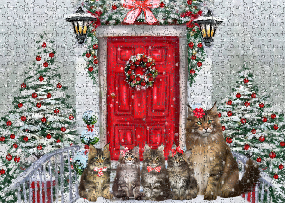 Christmas Holiday Welcome Maine Coon Cats Portrait Jigsaw Puzzle for Adults Animal Interlocking Puzzle Game Unique Gift for Dog Lover's with Metal Tin Box