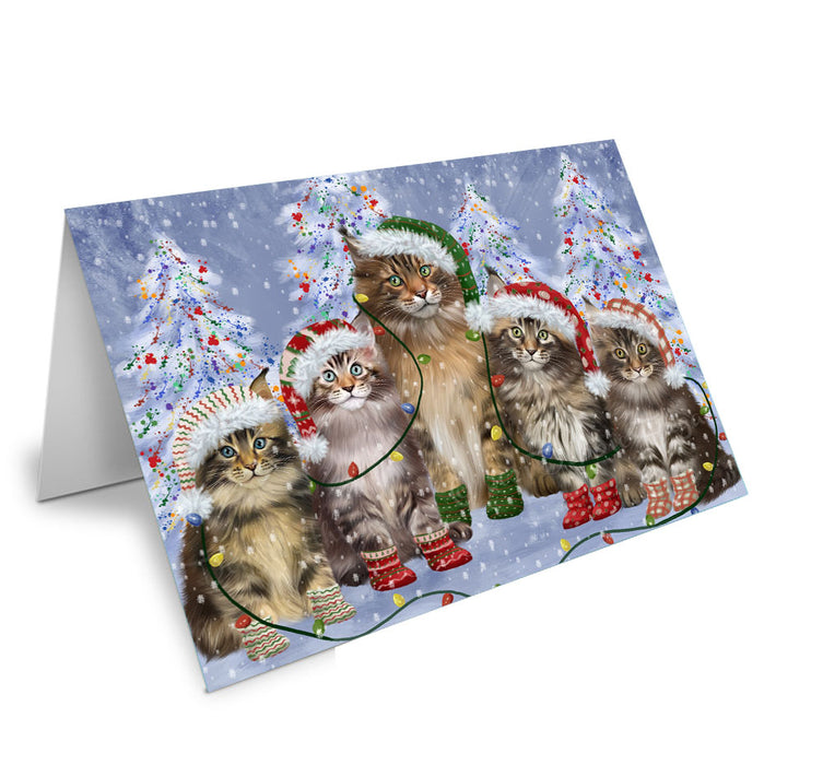 Christmas Lights and Maine Coon Cats Handmade Artwork Assorted Pets Greeting Cards and Note Cards with Envelopes for All Occasions and Holiday Seasons