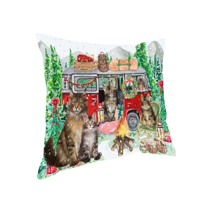 Christmas Time Camping with Maine Coon Cats Pillow with Top Quality High-Resolution Images - Ultra Soft Pet Pillows for Sleeping - Reversible & Comfort - Ideal Gift for Dog Lover - Cushion for Sofa Couch Bed - 100% Polyester