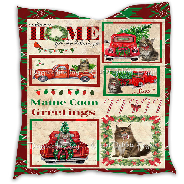 Welcome Home for Christmas Holidays Maine Coon Cats Quilt Bed Coverlet Bedspread - Pets Comforter Unique One-side Animal Printing - Soft Lightweight Durable Washable Polyester Quilt