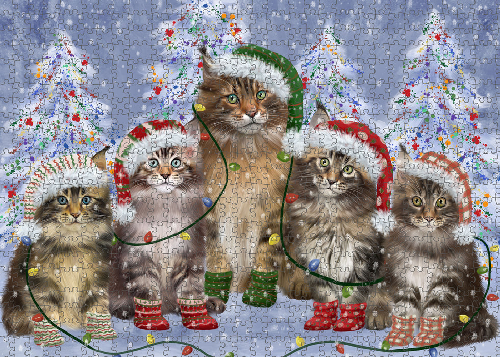 Christmas Lights and Maine Coon Cats Portrait Jigsaw Puzzle for Adults Animal Interlocking Puzzle Game Unique Gift for Dog Lover's with Metal Tin Box