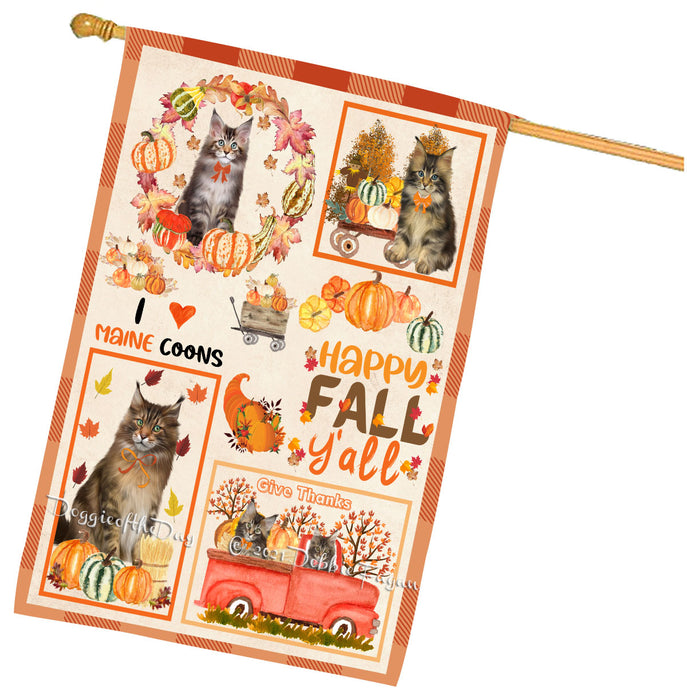 Happy Fall Y'all Pumpkin Maine Coon Cats House Flag Outdoor Decorative Double Sided Pet Portrait Weather Resistant Premium Quality Animal Printed Home Decorative Flags 100% Polyester