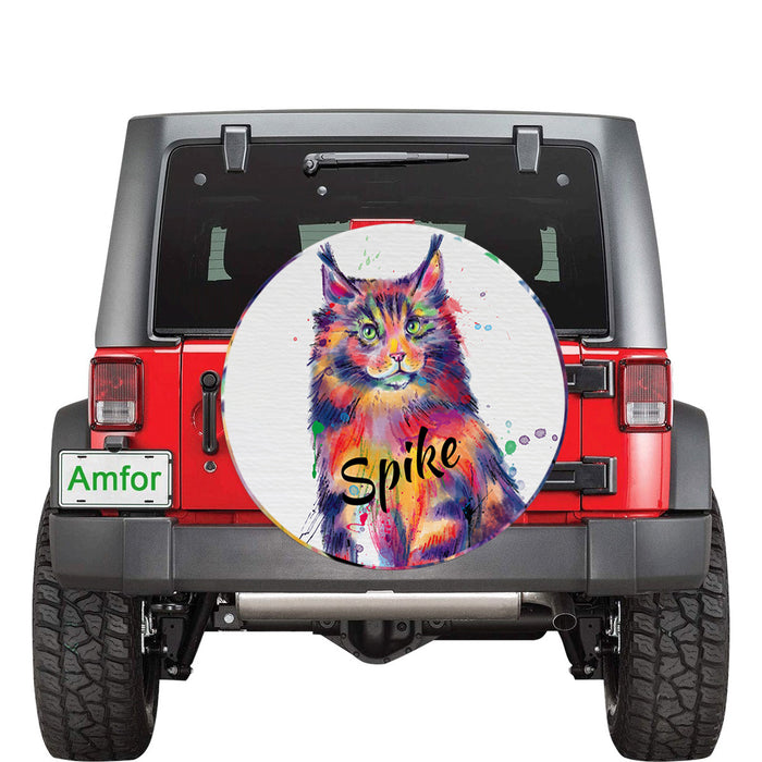 Custom Pet Name Personalized Watercolor Maine Coon Cat Car Tire Cover