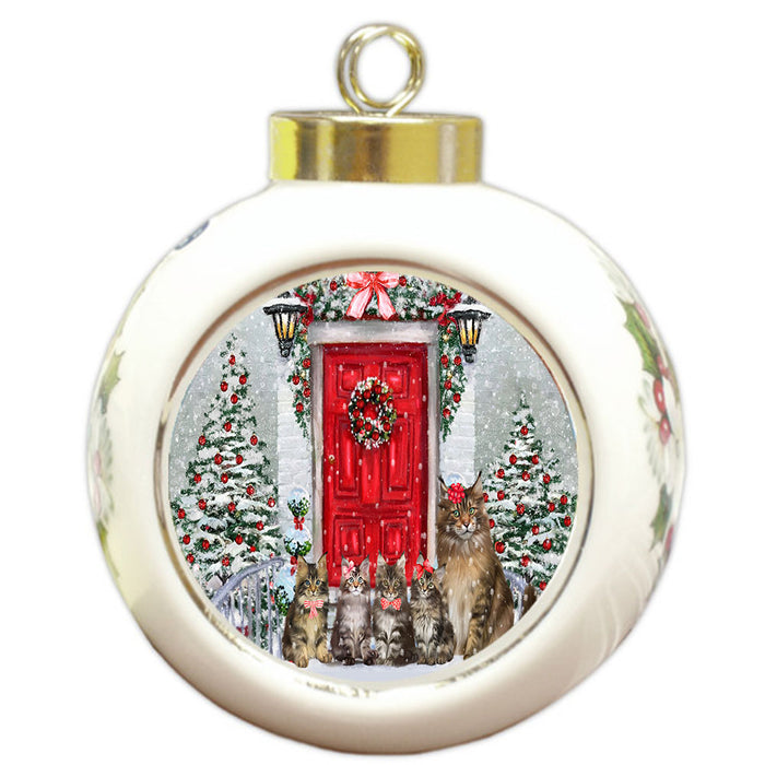 Christmas Holiday Welcome Maine Coon Cats Round Ball Christmas Ornament Pet Decorative Hanging Ornaments for Christmas X-mas Tree Decorations - 3" Round Ceramic Ornament