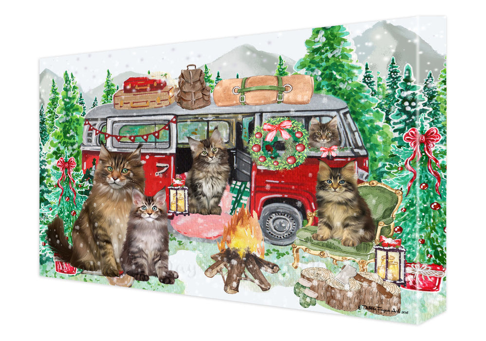 Christmas Time Camping with Maine Coon Cats Canvas Wall Art - Premium Quality Ready to Hang Room Decor Wall Art Canvas - Unique Animal Printed Digital Painting for Decoration