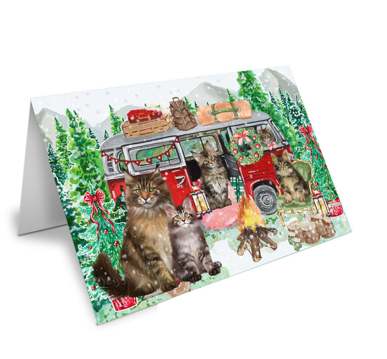 Christmas Time Camping with Maine Coon Cats Handmade Artwork Assorted Pets Greeting Cards and Note Cards with Envelopes for All Occasions and Holiday Seasons