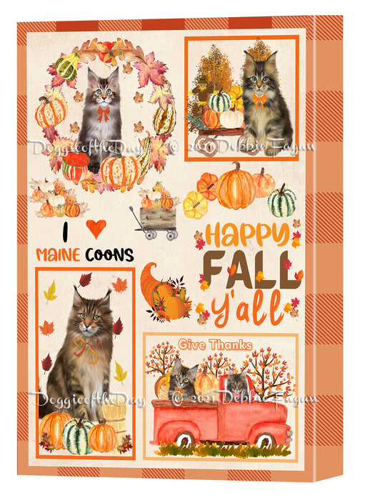 Happy Fall Y'all Pumpkin Maine Coon Cats Canvas Wall Art - Premium Quality Ready to Hang Room Decor Wall Art Canvas - Unique Animal Printed Digital Painting for Decoration