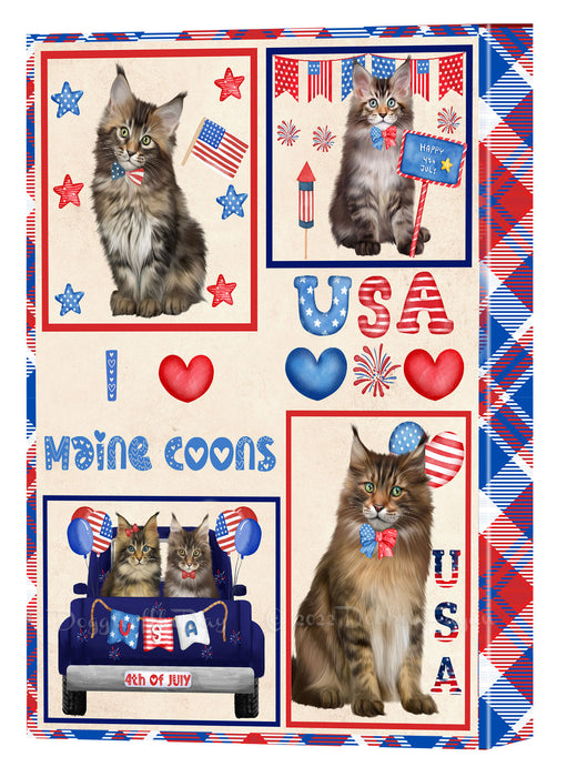 4th of July Independence Day I Love USA Maine Coon Cats Canvas Wall Art - Premium Quality Ready to Hang Room Decor Wall Art Canvas - Unique Animal Printed Digital Painting for Decoration