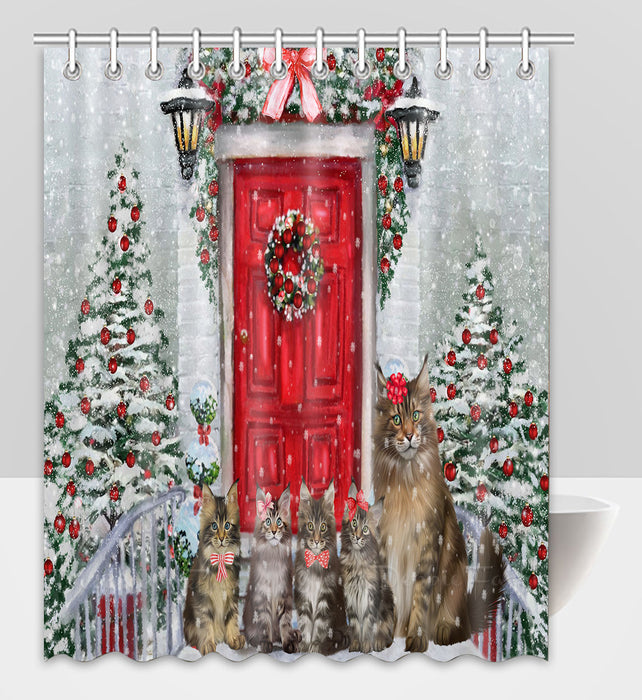 Christmas Holiday Welcome Maine Coon Cats Shower Curtain Pet Painting Bathtub Curtain Waterproof Polyester One-Side Printing Decor Bath Tub Curtain for Bathroom with Hooks