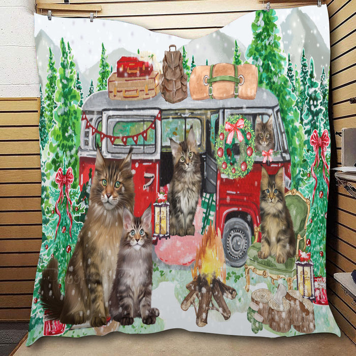 Christmas Time Camping with Maine Coon Cats  Quilt Bed Coverlet Bedspread - Pets Comforter Unique One-side Animal Printing - Soft Lightweight Durable Washable Polyester Quilt