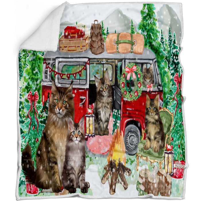 Christmas Time Camping with Maine Coon Cats Blanket - Lightweight Soft Cozy and Durable Bed Blanket - Animal Theme Fuzzy Blanket for Sofa Couch