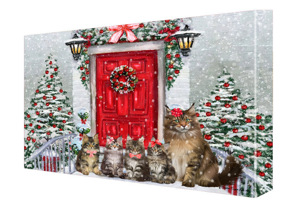 Christmas Holiday Welcome Maine Coon Cats Canvas Wall Art - Premium Quality Ready to Hang Room Decor Wall Art Canvas - Unique Animal Printed Digital Painting for Decoration