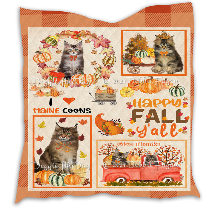 Happy Fall Y'all Pumpkin Maine Coon Cats Quilt Bed Coverlet Bedspread - Pets Comforter Unique One-side Animal Printing - Soft Lightweight Durable Washable Polyester Quilt