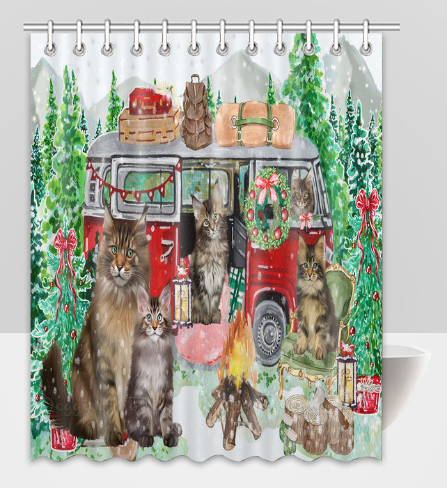 Christmas Time Camping with Maine Coon Cats Shower Curtain Pet Painting Bathtub Curtain Waterproof Polyester One-Side Printing Decor Bath Tub Curtain for Bathroom with Hooks