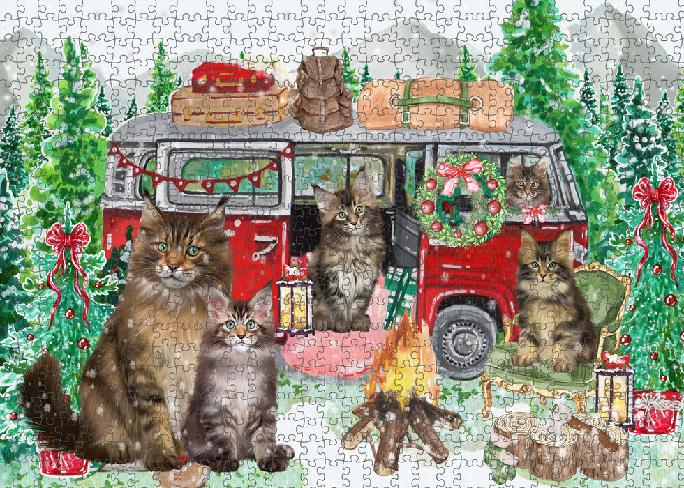 Christmas Time Camping with Maine Coon Cats Portrait Jigsaw Puzzle for Adults Animal Interlocking Puzzle Game Unique Gift for Dog Lover's with Metal Tin Box