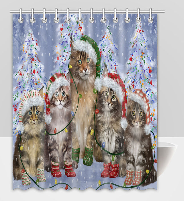 Christmas Lights and Maine Coon Cats Shower Curtain Pet Painting Bathtub Curtain Waterproof Polyester One-Side Printing Decor Bath Tub Curtain for Bathroom with Hooks