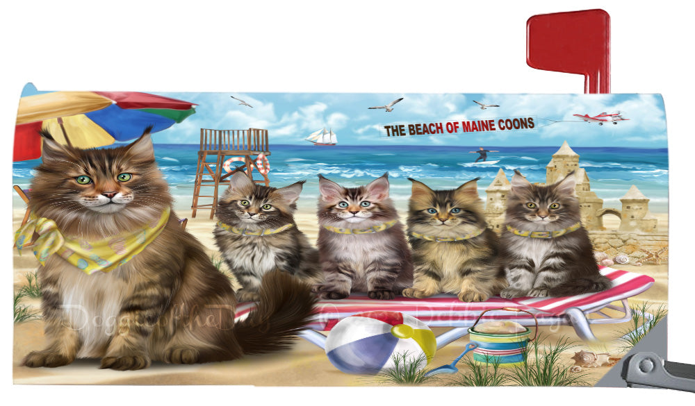 Pet Friendly Beach Maine Coon Cats Magnetic Mailbox Cover Both Sides Pet Theme Printed Decorative Letter Box Wrap Case Postbox Thick Magnetic Vinyl Material