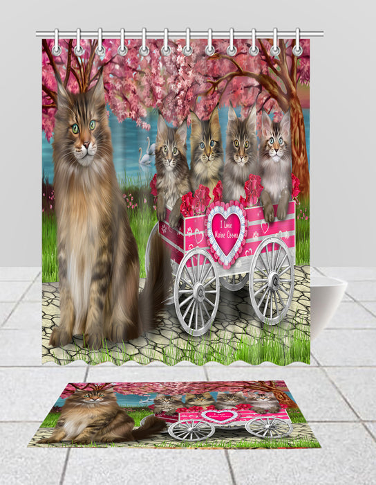 I Love Maine Coon Cats in a Cart Bath Mat and Shower Curtain Combo