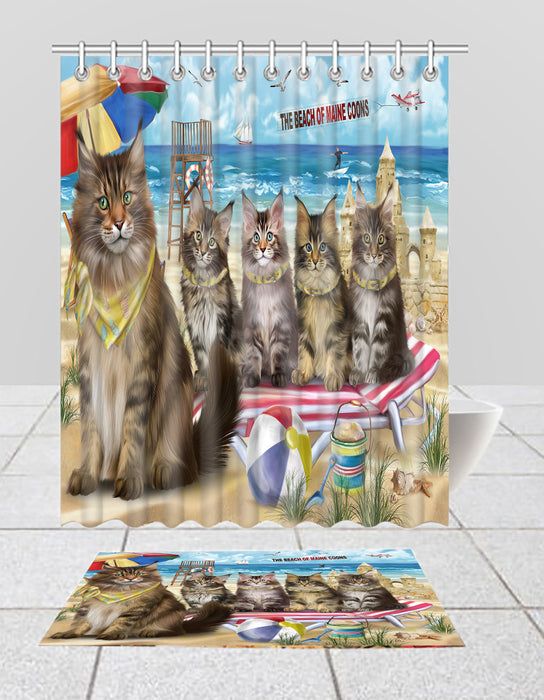 Pet Friendly Beach Maine Coon Cats Bath Mat and Shower Curtain Combo