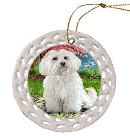 Maltese Dog Christmas Doily Ceramic Ornament