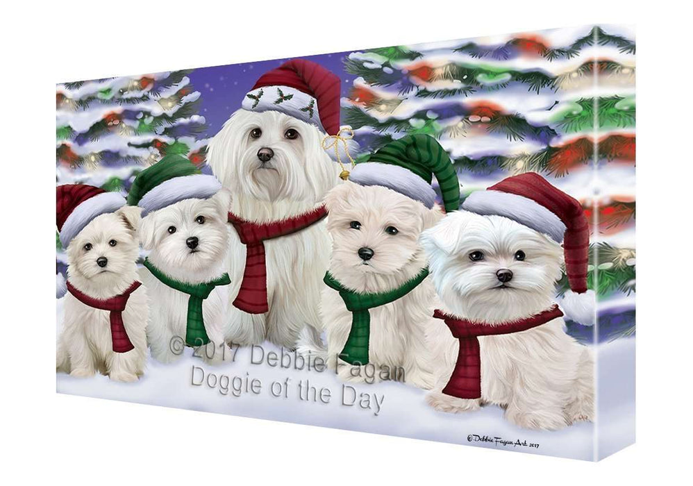 Maltese Dog Christmas Family Portrait in Holiday Scenic Background Canvas Wall Art