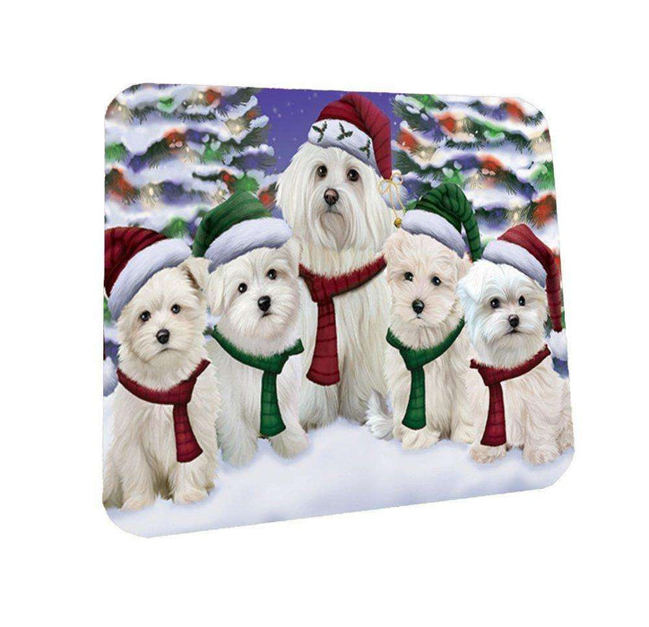 Maltese Dog Christmas Family Portrait in Holiday Scenic Background Coasters Set of 4