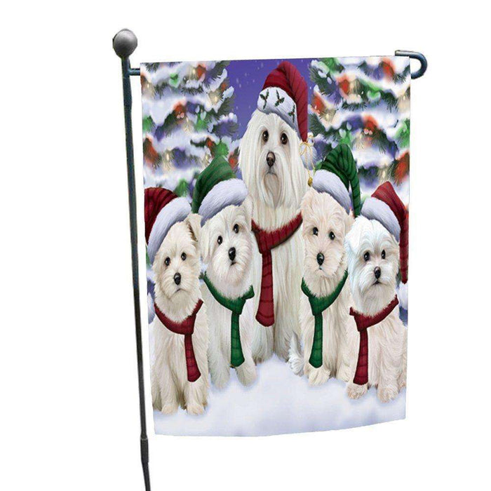 Maltese Dog Christmas Family Portrait in Holiday Scenic Background Garden Flag