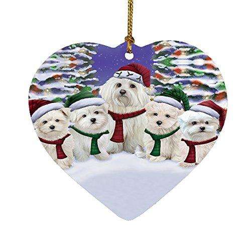 Maltese Dog Christmas Family Portrait in Holiday Scenic Background Heart Ornament
