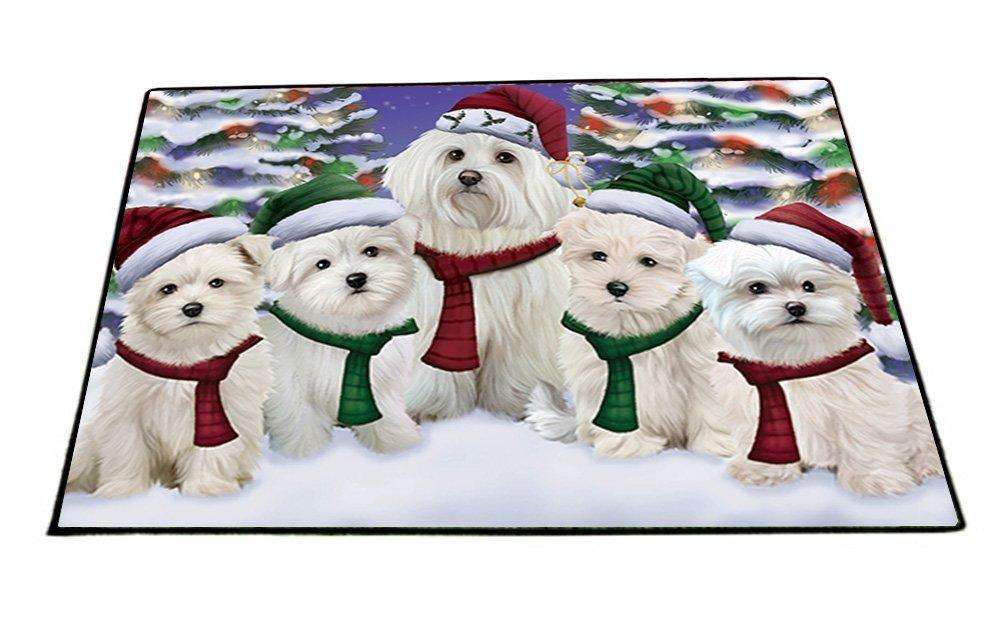 Maltese Dog Christmas Family Portrait in Holiday Scenic Background Indoor/Outdoor Floormat