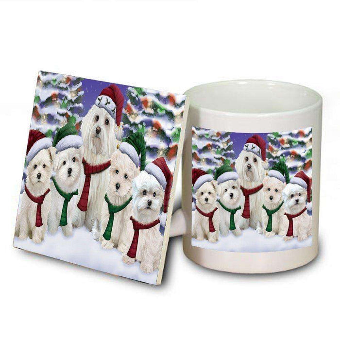 Maltese Dog Christmas Family Portrait in Holiday Scenic Background Mug and Coaster Set