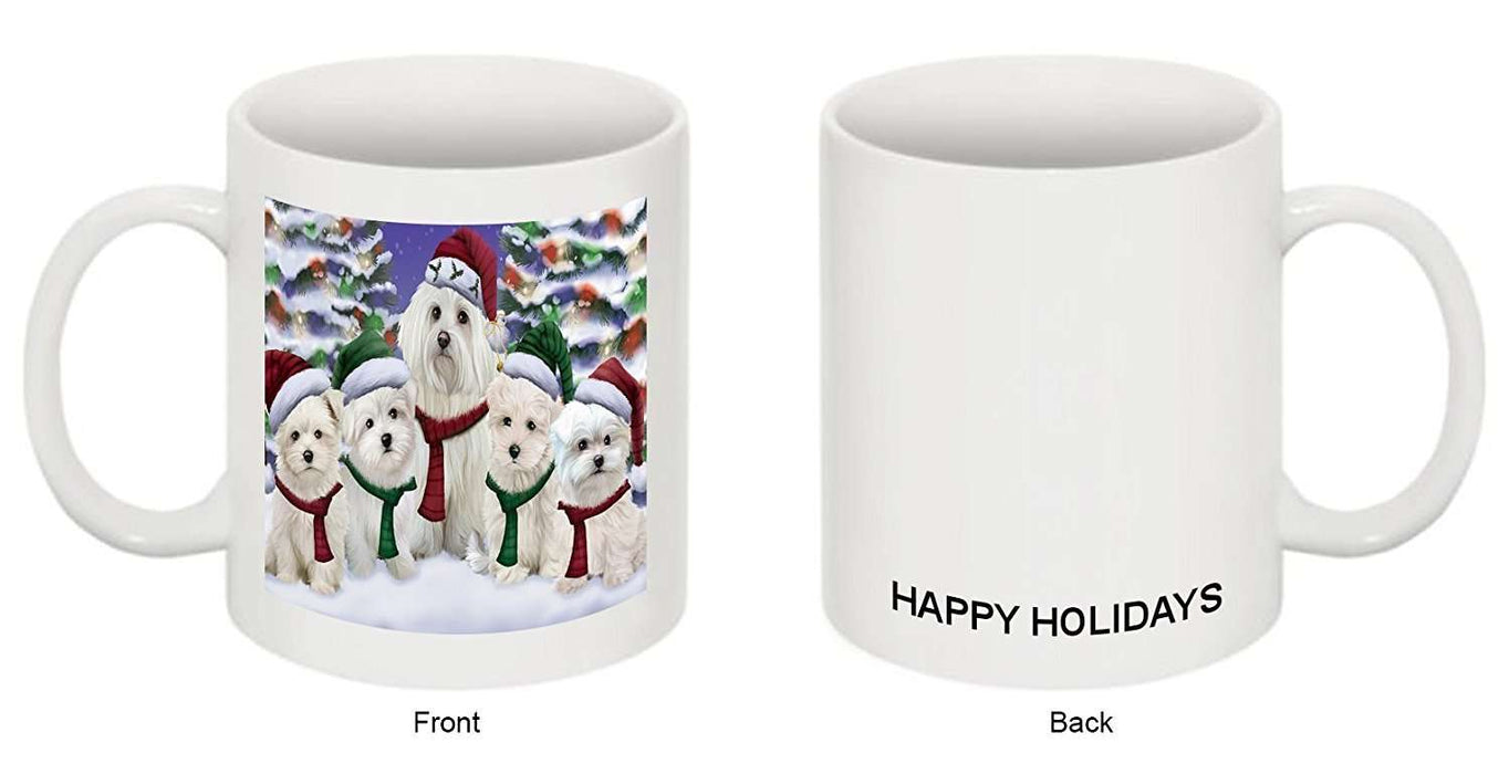 Maltese Dog Christmas Family Portrait in Holiday Scenic Background Mug