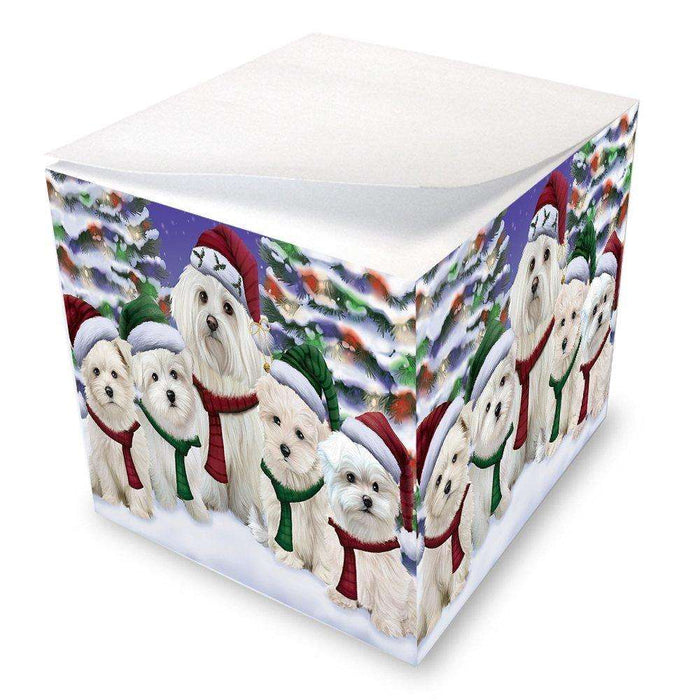 Maltese Dog Christmas Family Portrait in Holiday Scenic Background Note Cube D141