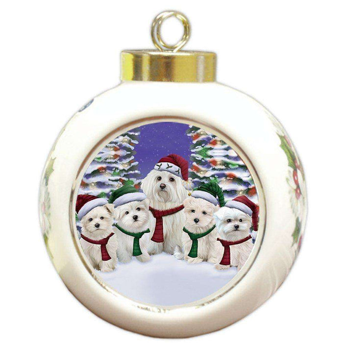 Maltese Dog Christmas Family Portrait in Holiday Scenic Background Round Ball Ornament
