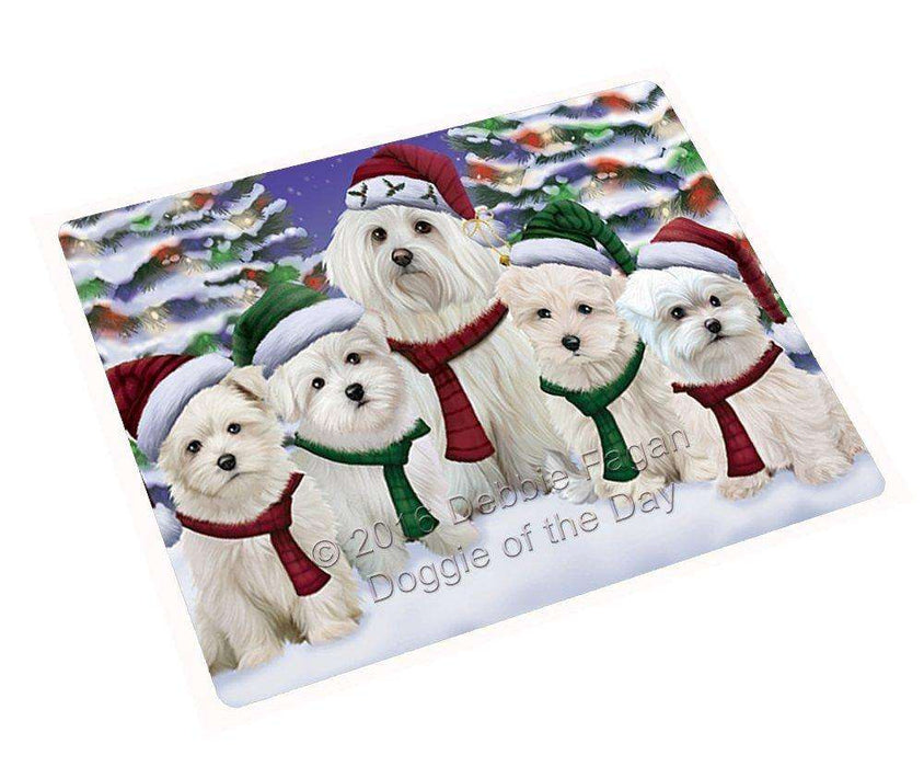 Maltese Dog Christmas Family Portrait in Holiday Scenic Background Tempered Cutting Board
