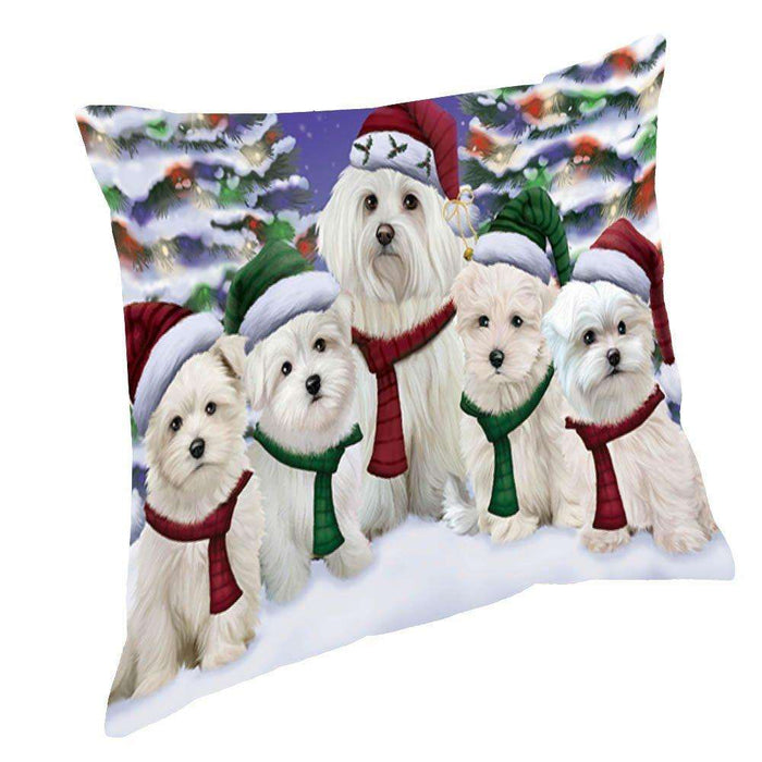 Maltese Dog Christmas Family Portrait in Holiday Scenic Background Throw Pillow