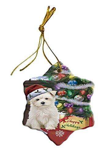 Maltese Dog Christmas Snowflake Ceramic Ornament