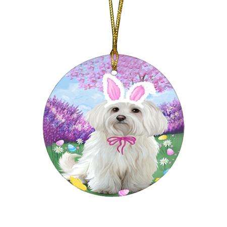 Maltese Dog Easter Holiday Round Flat Christmas Ornament RFPOR49173